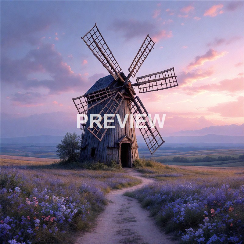 A rustic wooden windmill stands on a grassy field surrounded by blooming purple flowers, with a dirt path leading up to it, under a sky with pink and purple clouds during sunset.